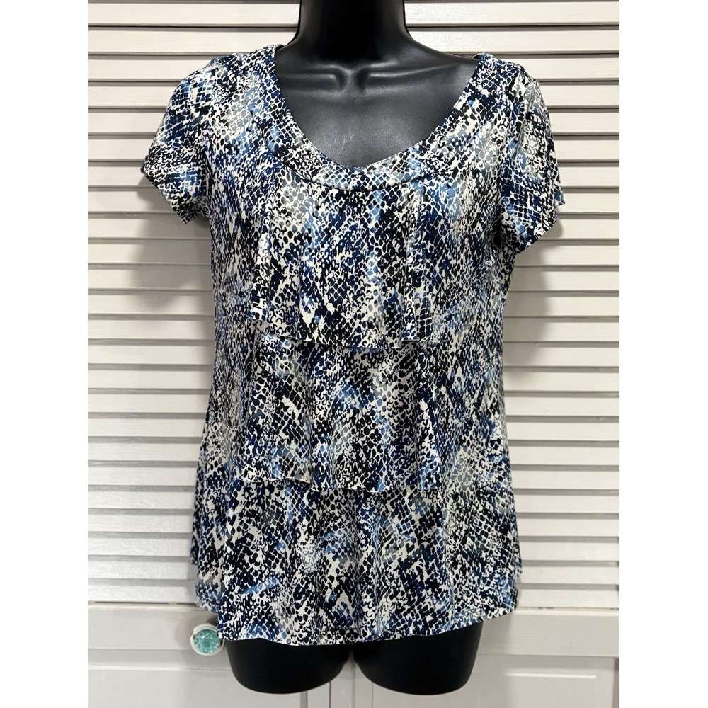 Van Heusen‎ Blue/White/Black Short Sleeve Scoop Neck Ruffle Blouse Size S
